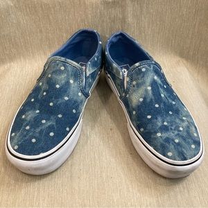 VANS OFF THE WALL Sz  8 Asher Denim Moonlight White Polka Dots Slip On Shoes